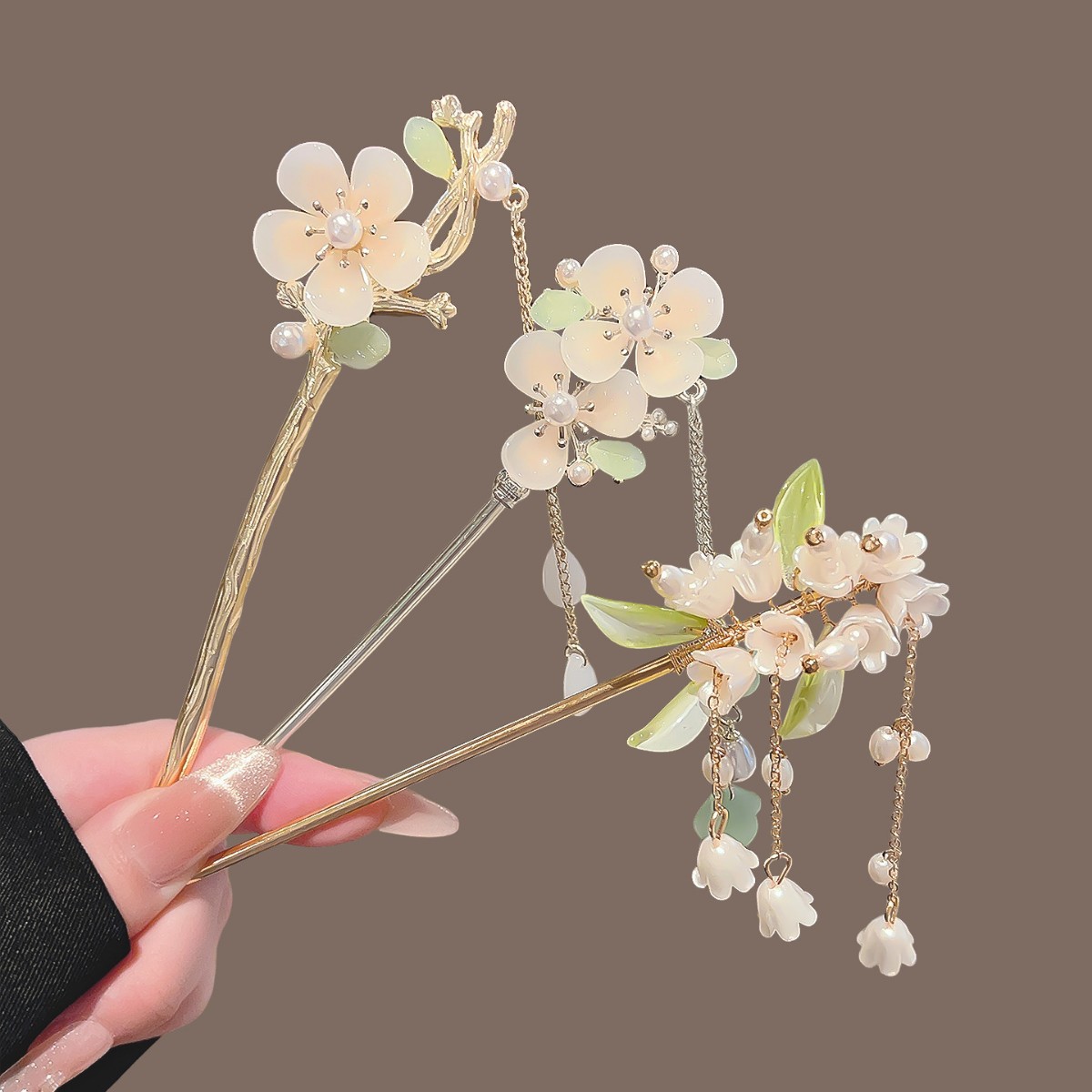 Hair Fork Stick - ヴィンテージ中国風タッセルヘアピン、バレリーナリリーフラワーパールデザインヘアスティック、金属合金製ヘアアクセサリー、女性・女の子用ヘアピン