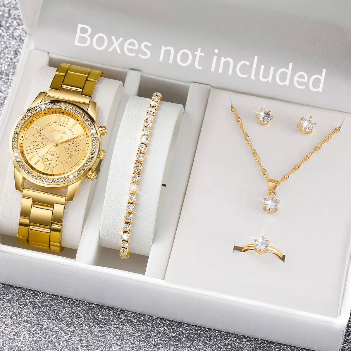 Women Accessories Gift Box - 6 ピース/セットファッションラインストーン女性用腕時計アナログクォーツ腕時計ジュエリーセットレロジオフェミニーノ（箱なし）