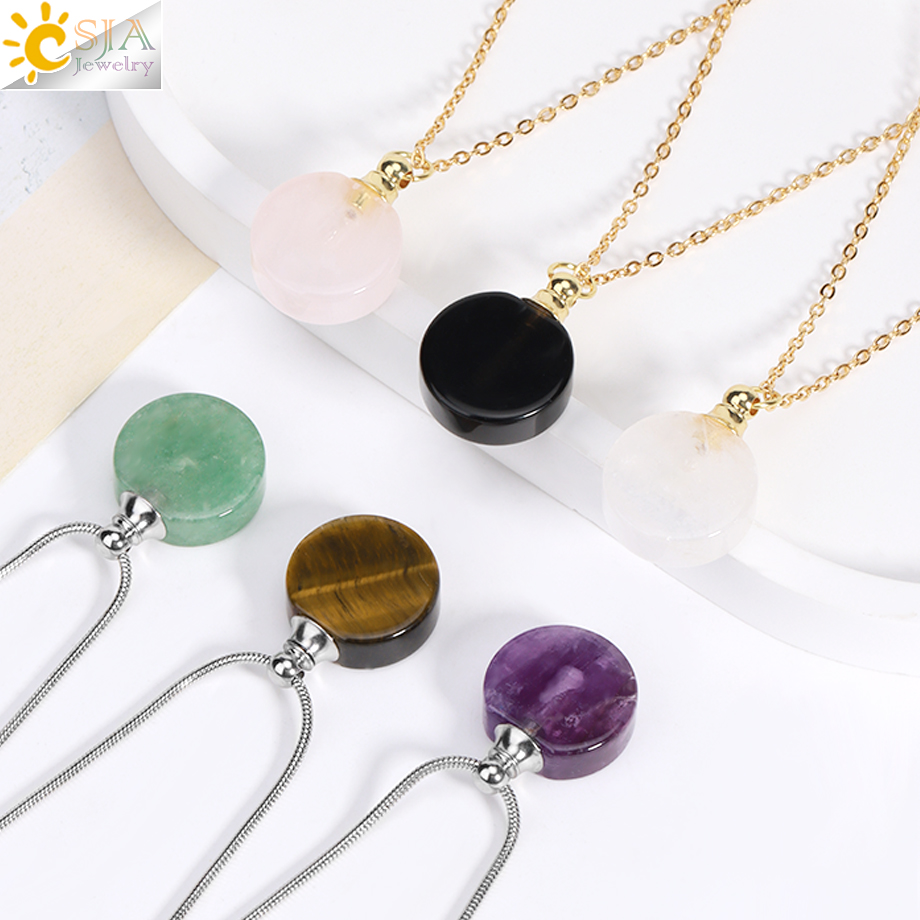Women'S Essential Accessories - シルバーカラークリスタルストーン香水瓶ネックレス女性のためのラウンド天然宝石ペンダントエッセンシャルオイルステンレス鋼チェーン H415