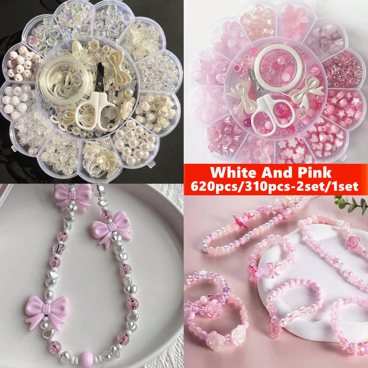 Women Accessories Gift Box - 2セット/1セット 13グリッドアクリルフラワーボックスビーズ ピンクと白のフラワーシリーズルースビーズ、DIYハンドストリングシリーズ作成用
