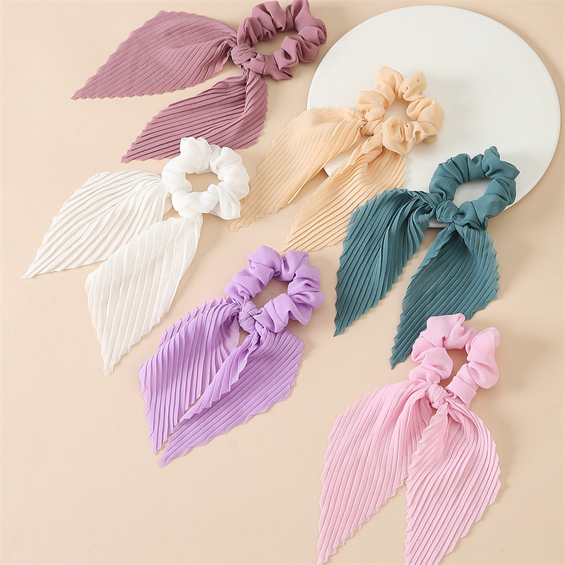 Scrunchie Satin Set - 6個/セット プリーツリボンシュシュ – 夏休み用の長いサテンタッセルポニーテールホルダー。