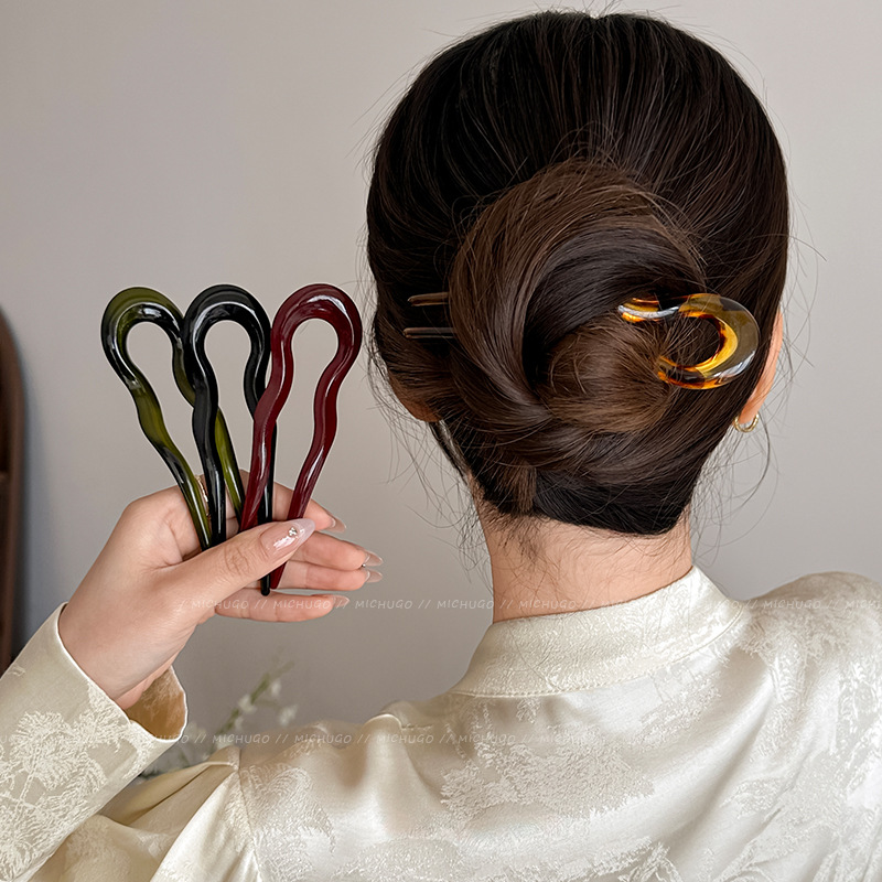 Hair Fork Stick - 2026年 U字型ヘアフォーク ファッション べっ甲柄アセテートヘアピン 幾何学模様ヘアアクセサリー ヘアスティック