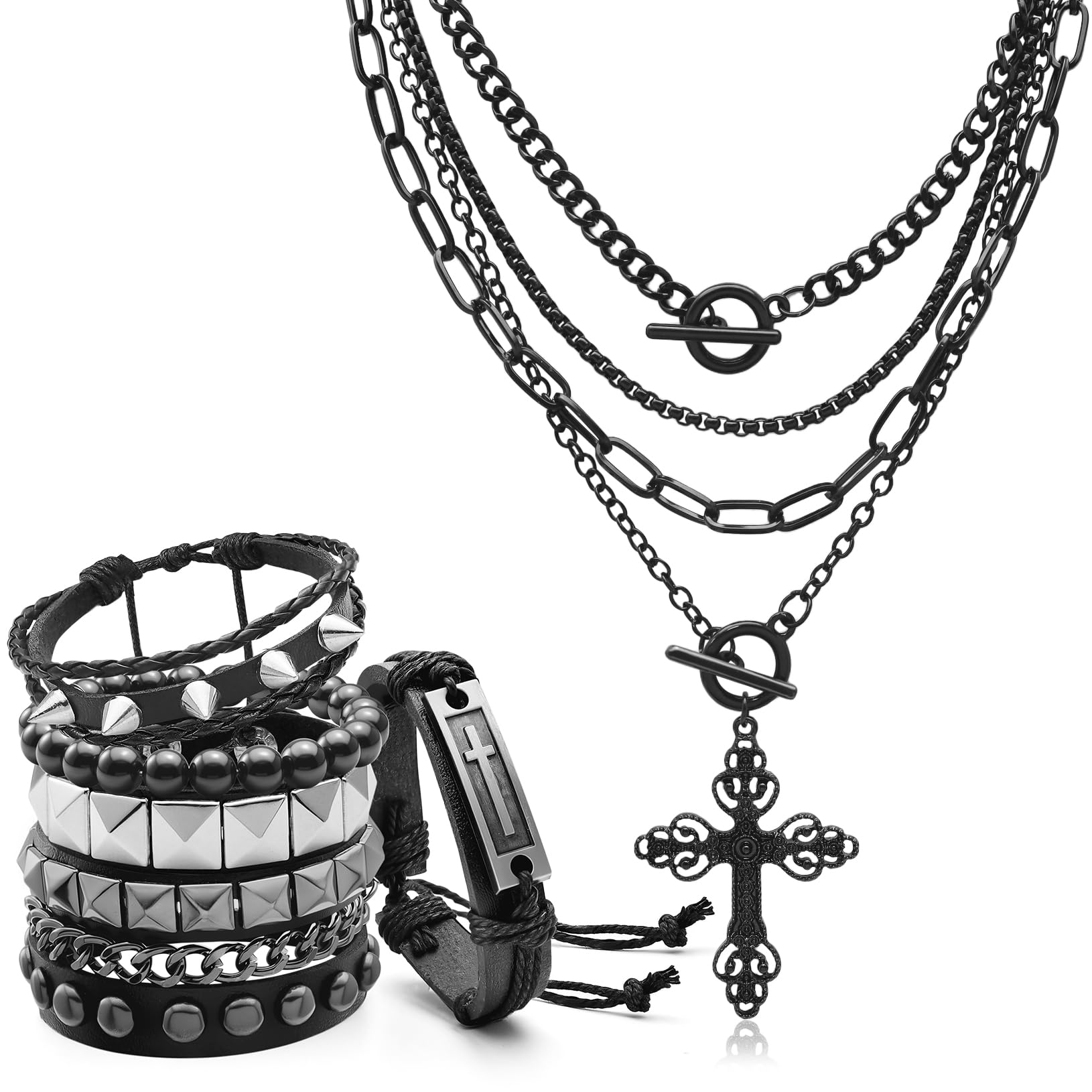 Women'S Emo Accessories - ゴシッククロスペンダントレイヤードネックレス、グランジスタッズブレスレット（男女兼用）、Y2Kパンクロックスパイクレザーバングル、80年代エモジュエリー