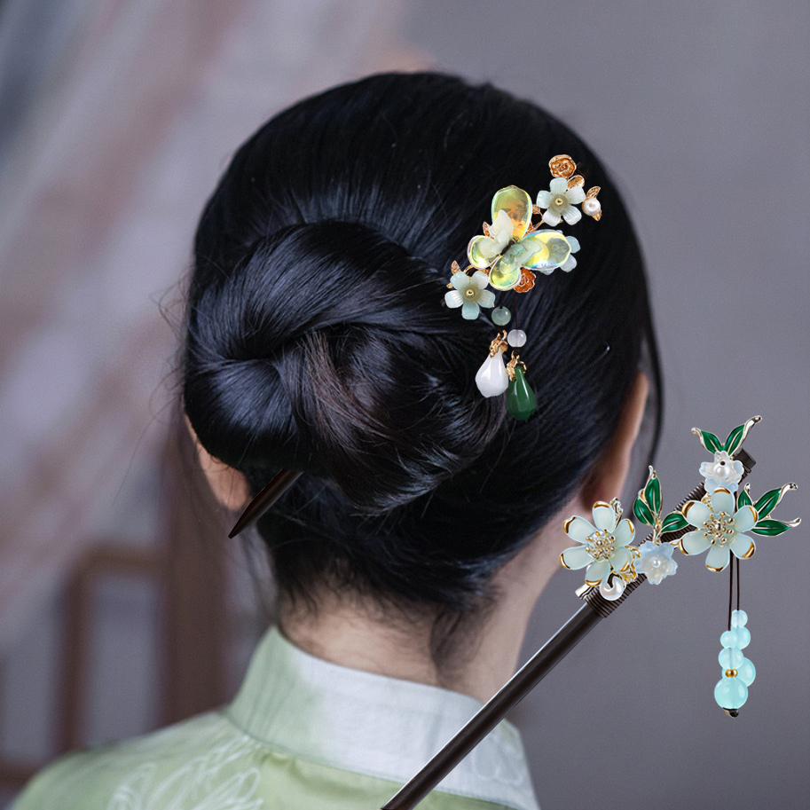 Hair Fork Stick - 木製タッセル付きステップシェイキングヘアスティック 女性用古代ヘアピン 花型ヘアピン お団子ヘア用 ファッションヘアアクセサリー ギフト