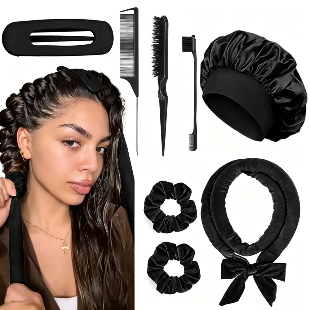 Scrunchie Satin Set - 8/5/4個入り 熱を使わないヘアカーラーセット サテンボンネット ノーヒート オーバーナイトカール エッジブラシ