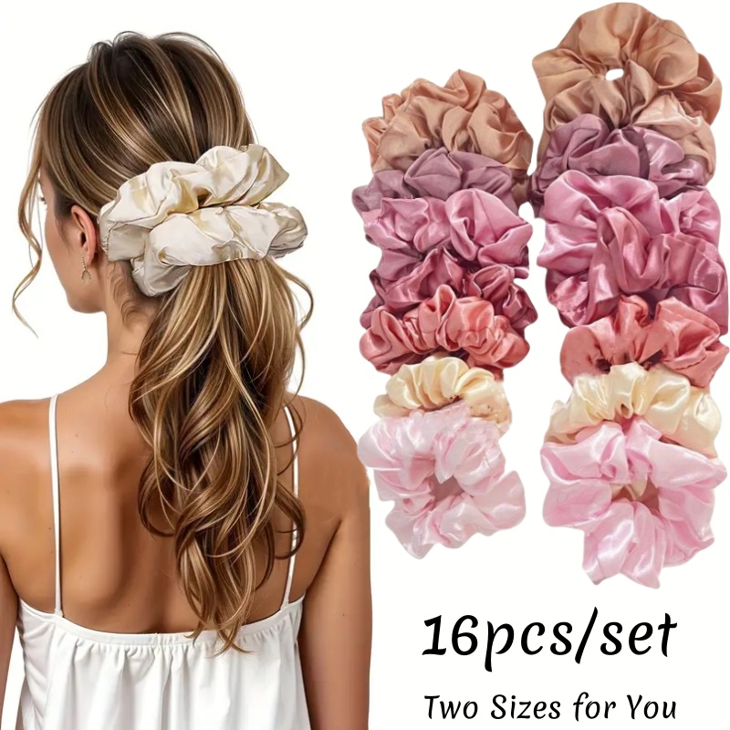 Scrunchie Satin Set - 16 個ソフトサテンシュシュエレガントな高弾性ヘアバンドファッションソリッドカラーヘアネクタイ女性のための大きなポニーテールホルダー