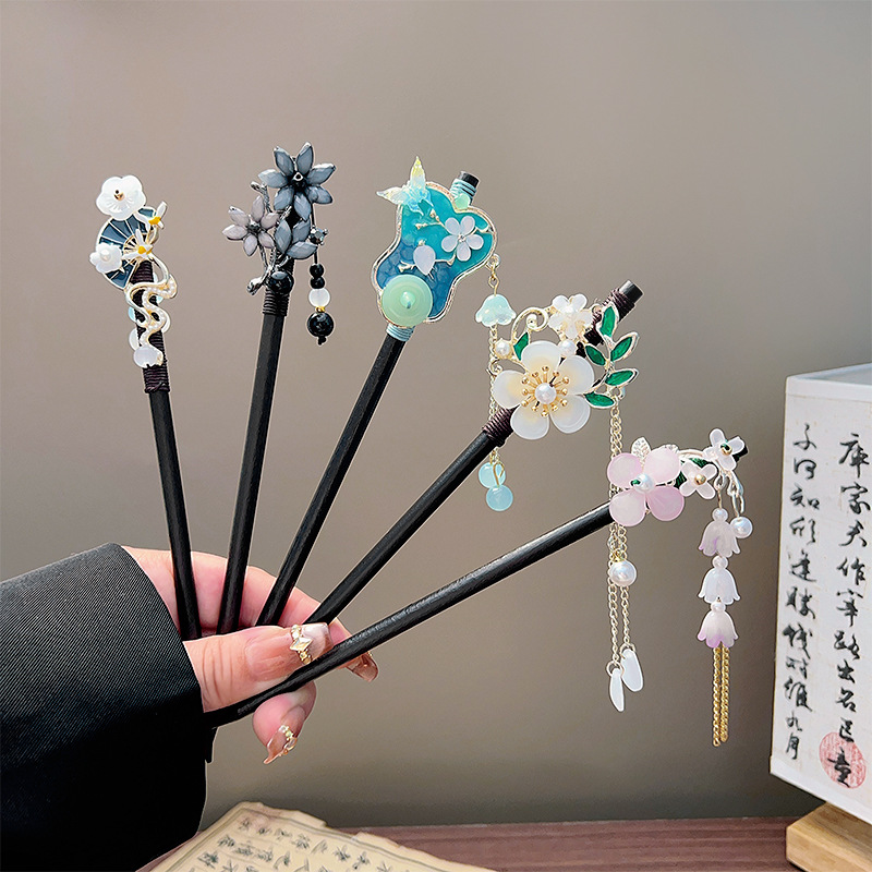 Hair Fork Stick - クラシックタッセルヘアスティック黒木製フラワーパールヘアピン中国漢服ヘアアクセサリーレトロ花嫁結婚式ヘアバンジュエリー