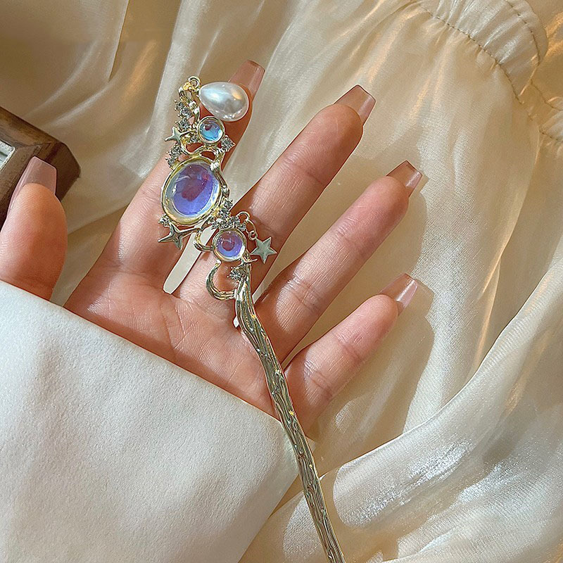 ムーンストーンのヘアピン、星とパールのタッセル付き – シル - Hair Fork Stick のレビューと価格