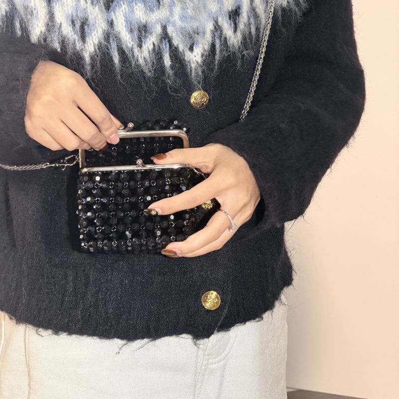 ヴィンテージ ブラック ビーズ クラッチ バッグ チェーン付 - Women'S Accessories Purse のレビューと価格