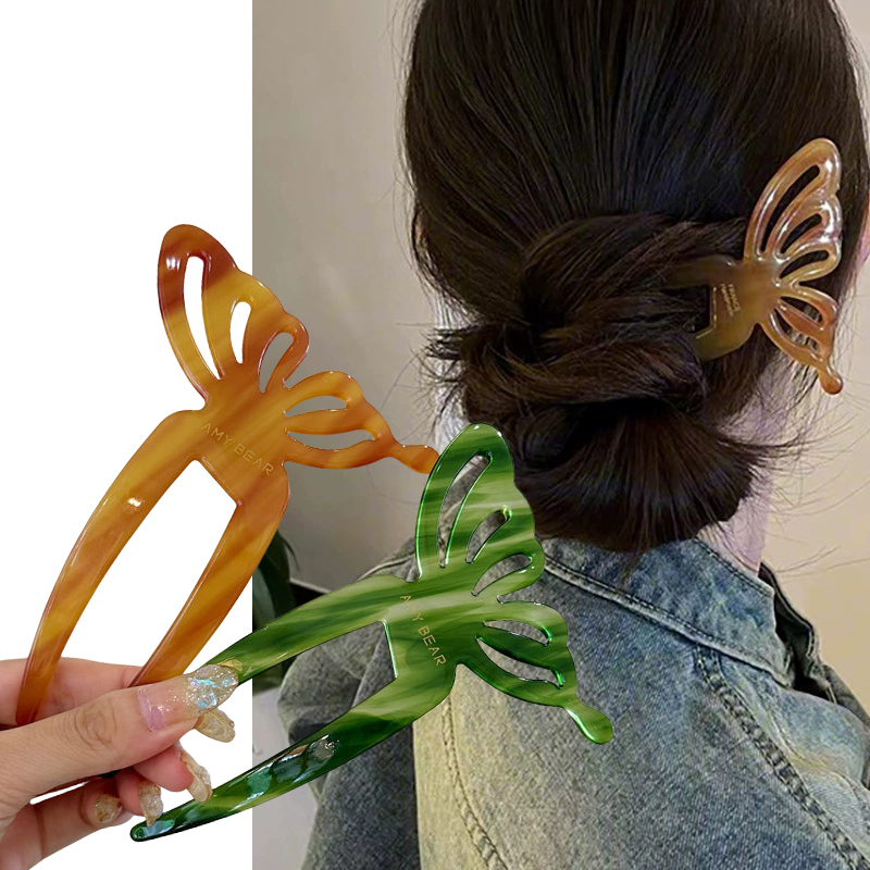 エレガントな酢酸蝶 U 字型ヘアスティックおだんごヘアピン女 - Hair Fork Stick のレビューと価格
