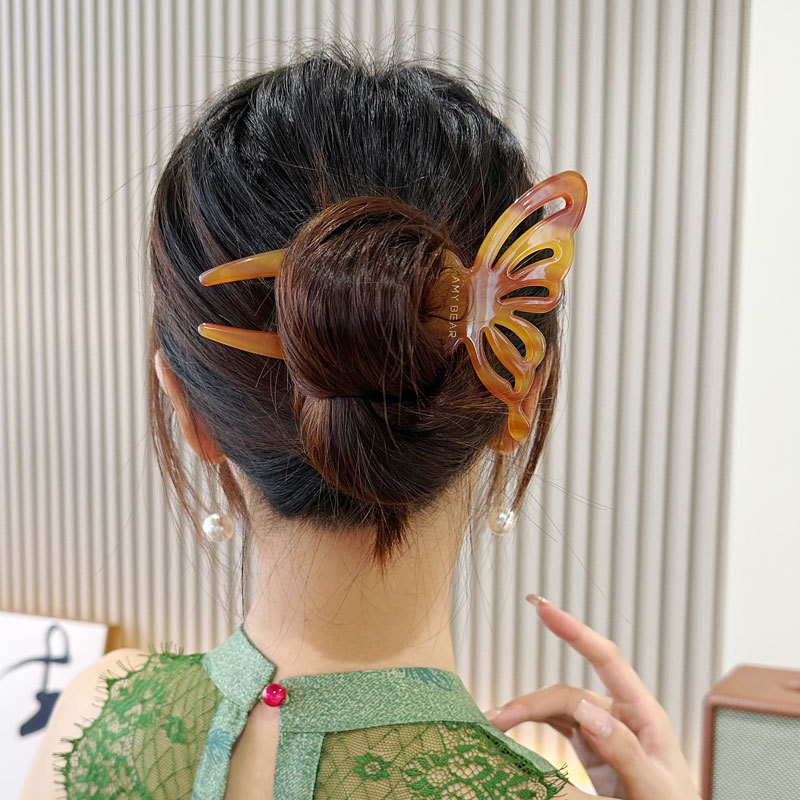 エレガントな酢酸蝶 U 字型ヘアスティックおだんごヘアピン女 - Hair Fork Stick のレビューと価格