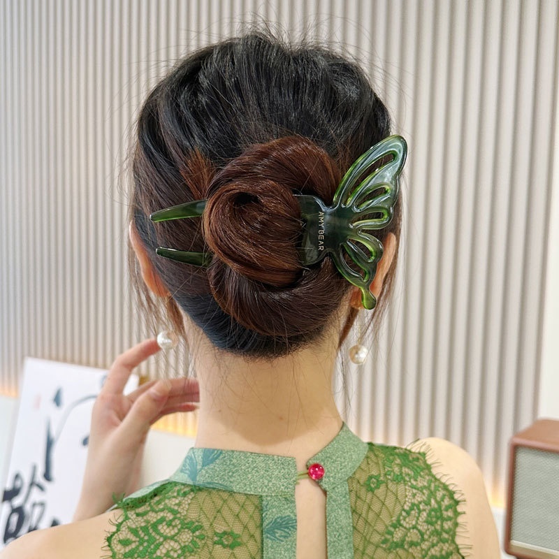 エレガントな酢酸蝶 U 字型ヘアスティックおだんごヘアピン女 - Hair Fork Stick のレビューと価格