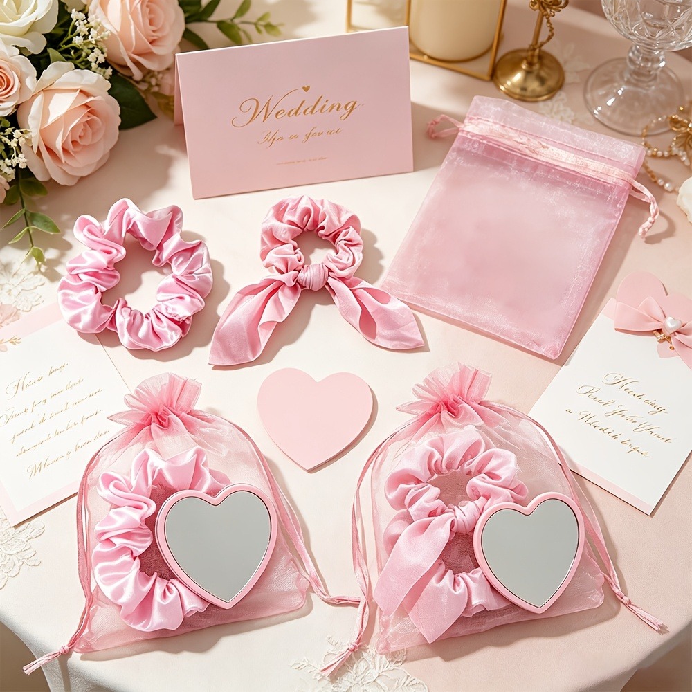 6～24個入りのピンク色のサテン製シュシュとハート型コンパク - Scrunchie Satin Set のレビューと価格