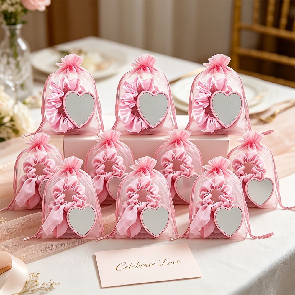 6～24個入りのピンク色のサテン製シュシュとハート型コンパク - Scrunchie Satin Set のレビューと価格